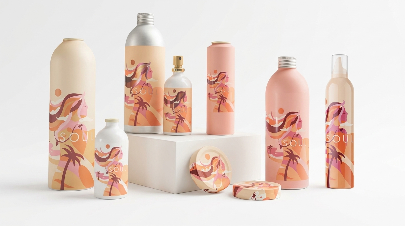 Collezione di confezioni cosmetiche con etichette illustrate